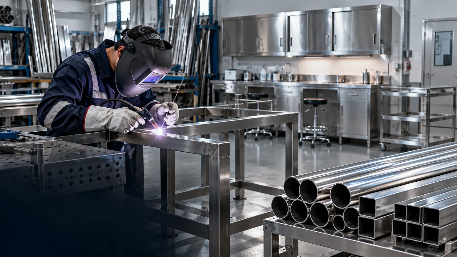 Fabricator welding a stainless steel frame in the SS Metal Solutions workshop